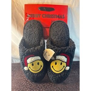 Christmas Smiley Face Santa Hat Sherpa Slippers Black Gift Set Womens Medium 7-8